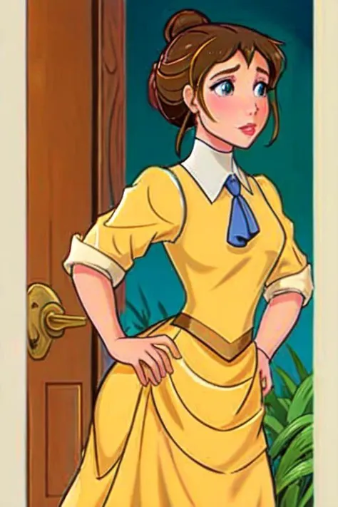 <lora:JanePorter_character-20:.7> "JaneWaifu, Jane Porter, single hair bun", selling, pulling