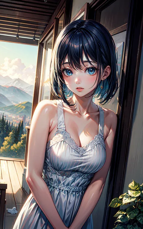 (illustration, 8k CG, extremely detailed),dynamic angle,(blue-haired girl),(standing on a mountaintop),(gazing at distant mountains),soft pastel colors,gentle sunlight,peaceful,contemplative atmosphere,highly detailed,smooth textures,shallow depth of field,wide-angle shot,(expansive view of the mountains:1.2),modern fantasy style,(masterpiece:2),best quality,ultra highres,original,extremely detailed,perfect lighting,<lora:add_detail:0.9>,