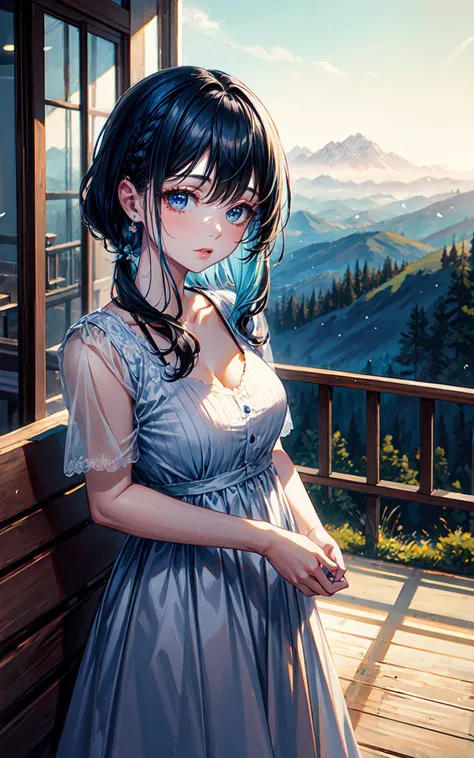 (illustration, 8k CG, extremely detailed),dynamic angle,(blue-haired girl),(standing on a mountaintop),(gazing at distant mountains),soft pastel colors,gentle sunlight,peaceful,contemplative atmosphere,highly detailed,smooth textures,shallow depth of field,wide-angle shot,(expansive view of the mountains:1.2),modern fantasy style,(masterpiece:2),best quality,ultra highres,original,extremely detailed,perfect lighting,<lora:add_detail:0.9>,