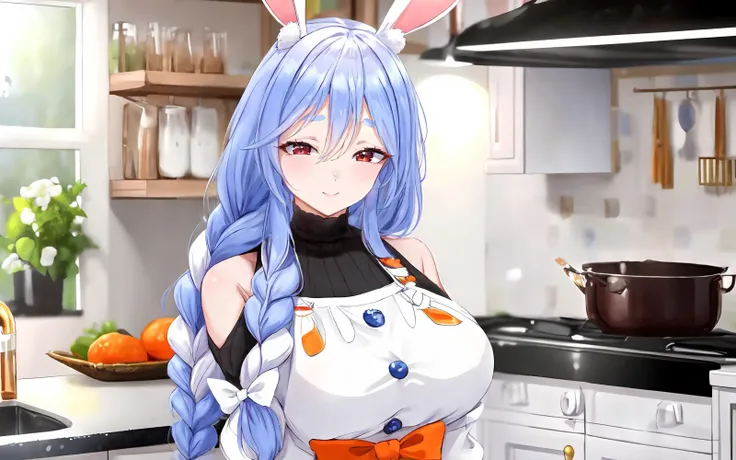 highres,<lora:PekoMamaLora-10:0.7>,1girl,mature female,looking at viewer,big breasts,squinting,pekomama,bunny girl,bunny ears,animal ear fluff,light blue hair,braid,single braid,bangs,white streaked hair,red eyes,
bare shoulders,black inner turtleneck,white dress,apron,long sleeves,orange bow on waist,buttons,<lora:ããããã:0.8>,upper body,kitchen,