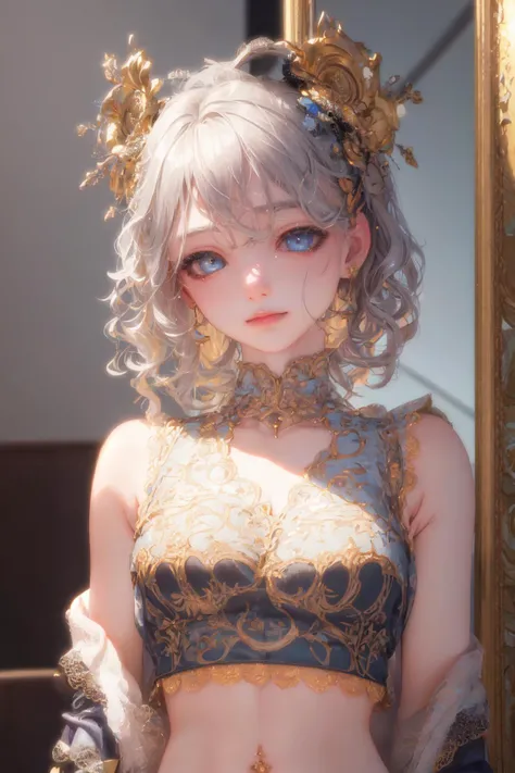(masterpiece, sidelighting, finely detailed beautiful eyes: 1.2), masterpiece*portrait, realistic, 3d face, glowing eyes, shiny hair, lustrous skin, solo, embarassed, (midriff),