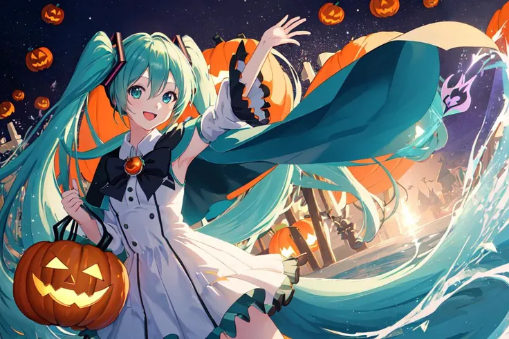 1girl, hatsune miku, ((masterpiece)), halloween, jack o lantern, looking at the viewer, cape, magic wand, wizard, floating, flying, magical girl