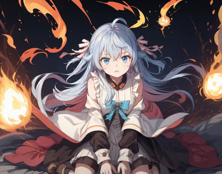 <lora:kagura_nana-10:1>, kagura nana, nana_second, long hair, two side up, dress, sleeveless, off-shoulder jacket, black jacket, blue bow, masterpiece, best quality, <lora:add_detail:0.5>, beautiful detailed glow,((flames of war)),(((nuclear explosion behide)))