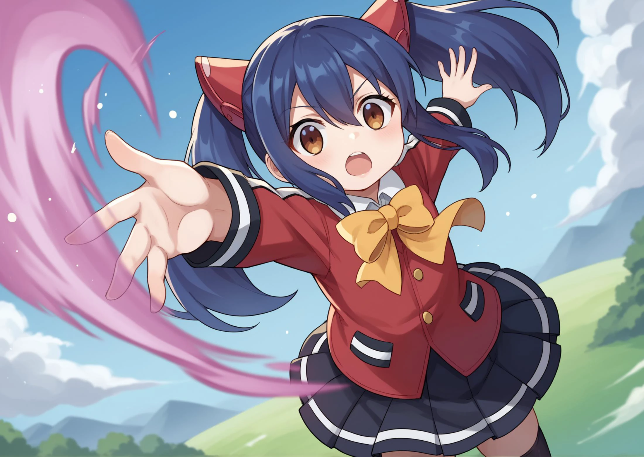 score_9, score_8_up, score_7_up, score_6_up, source_anime,
<lora:Wendy_Marvell2_PONY:0.8>,Wendy Marvell, 1girl, solo,((child:1.4)), brown eyes,twintails, blue hair, long hair,hair between eyes, small breast
school uniform,black thighhighs, skirt, hair ornament, bow,red jacket,
dynamic pose, wind magic, green wind effect
dynamic pose, super wide angle shot, extreme perspective, <lora:DynamicPose_alpha1.0_rank4_noxattn_100steps:2>