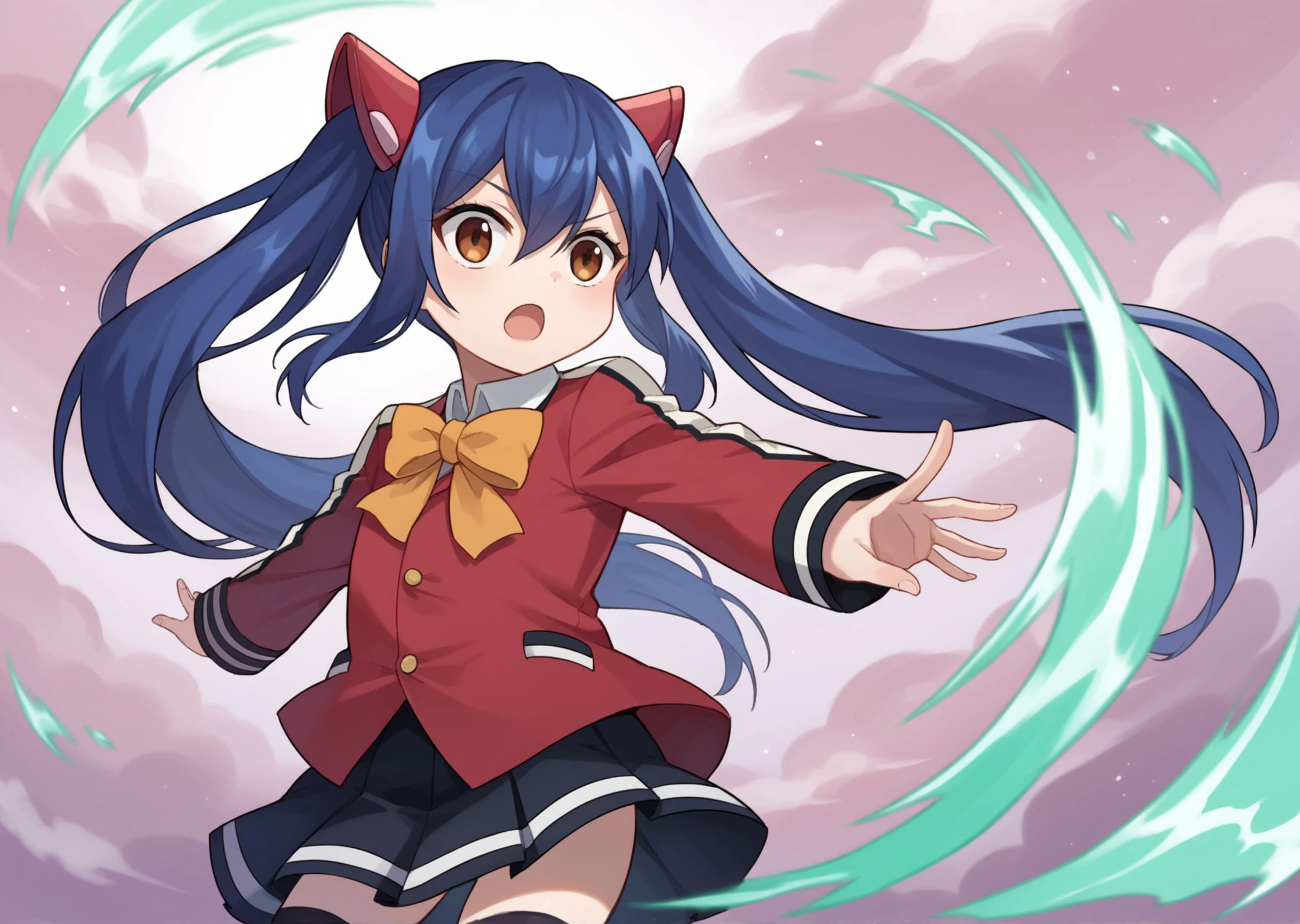 score_9, score_8_up, score_7_up, score_6_up, source_anime,
<lora:Wendy_Marvell2_PONY:0.8>,Wendy Marvell, 1girl, solo,((child:1.4)), brown eyes,twintails, blue hair, long hair,hair between eyes, small breast
school uniform,black thighhighs, skirt, hair ornament, bow,red jacket,
dynamic pose, wind magic, green wind effect
dynamic pose, super wide angle shot, extreme perspective, <lora:DynamicPose_alpha1.0_rank4_noxattn_100steps:2>