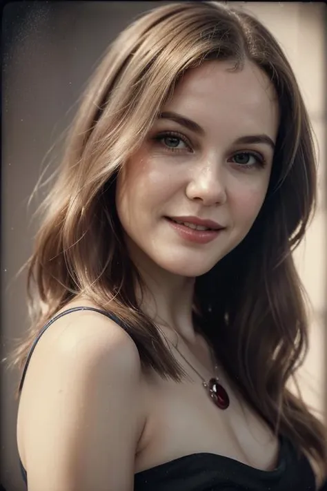 photo of (ZM_niamh), a woman, perfect hair upsweep updo, posing, (vintage photo, black dress), (closeup portrait), necklace, 24mm, (tintype), (analog, cinematic, film grain:1.3), ((plain Ruby Red background, gradient)), ((detailed eyes)), smiling, (epicPhoto) epiCRealism fcHeatPortrait