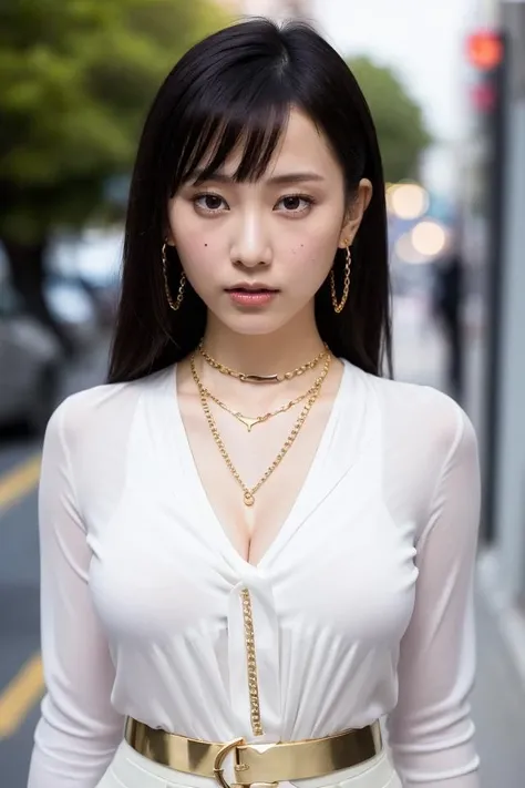 1girl,sexy pose,street,best quality,masterpiece,illustration,an extremely delicate and beautiful,CG,unity,8k wallpaper,Amazing,finely detail,masterpiece,official art,extremely detailed CG unity 8k wallpaper,incredibly absurdres,huge filesize,ultra-detailed,highres,extremely detailed,beautiful detailed girl,realistic,soft light,full frontal,(sunlight),<lora:Matsui Rena_20230823080434:0.8>,(Classic_white_blouse:1.6),(Tailored_black_trousers:1.5),(Gold_chain_necklace:1.4),