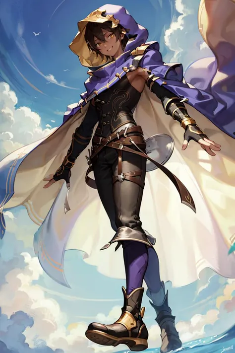 ((masterpiece,best quality)), absurdres, <lora:jamil_granblue:0.8>, 1boy, jamil, black vest, brown hair, hood, cape, scar, scar on face, smug, detached sleeves, fingerless gloves, boots, standing, open arms, looking down at viewer, from below, sky, clouds, grin, smile, glowing eyes,