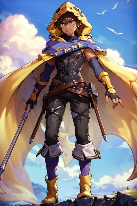 <lora:twistedscarlett60_style:0.8>, ((masterpiece,best quality)), absurdres, <lora:jamil_granblue:0.8>, 1boy, jamil, black vest, brown hair, hood, cape, scar, scar on face, smug, detached sleeves, fingerless gloves, boots, standing, open arms, looking down at viewer, from below, sky, clouds, grin, smile, glowing eyes,