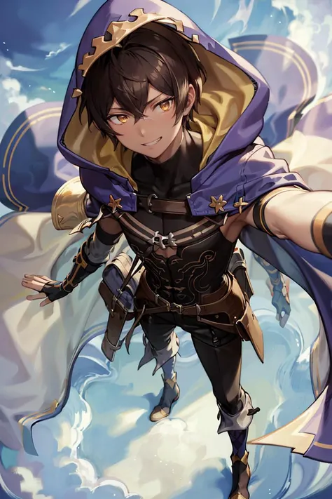 ((masterpiece,best quality)), absurdres, <lora:jamil_granblue:0.8>, 1boy, jamil, black vest, brown hair, hood, cape, scar, scar on face, smug, detached sleeves, fingerless gloves, boots, standing, open arms, looking down at viewer, from below, sky, clouds, grin, smile, glowing eyes,