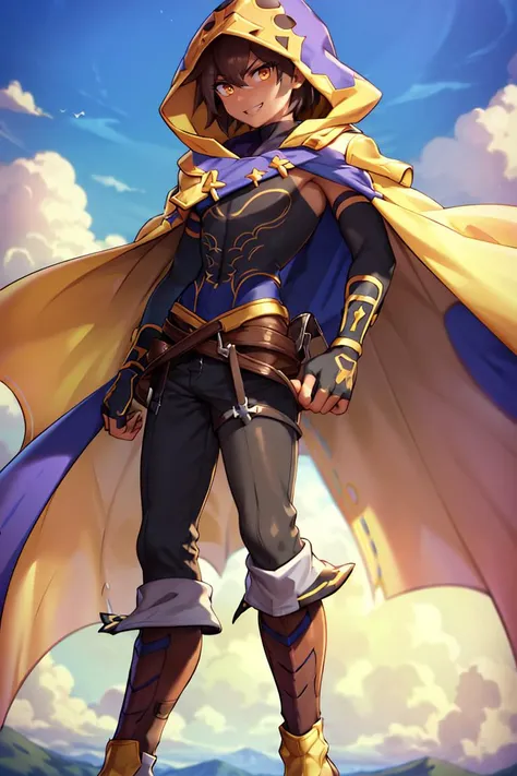 <lora:twistedscarlett60_style:0.8>, ((masterpiece,best quality)), absurdres, <lora:jamil_granblue:0.8>, 1boy, jamil, black vest, brown hair, hood, cape, scar, scar on face, smug, detached sleeves, fingerless gloves, boots, standing, open arms, looking down at viewer, from below, sky, clouds, grin, smile, glowing eyes,