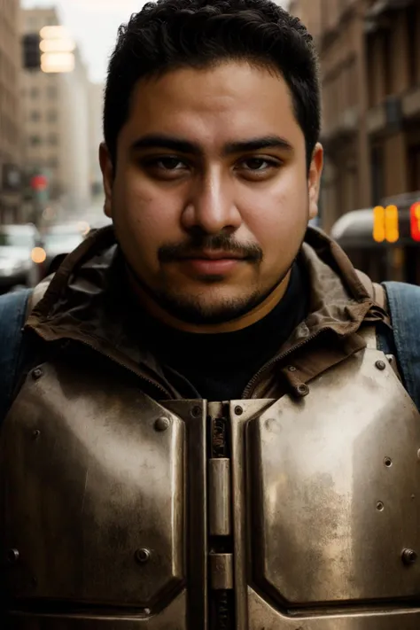 portrait photo of RicardoNinguen in a worn mech suit, ((light bokeh)), intricate, (steel metal [rust]), elegant, sharp focus, photo by greg rutkowski, soft lighting, vibrant colors, (masterpiece), ((streets)), (detailed face)+, eye iris, <lora:RicardoNinguenLora:1>