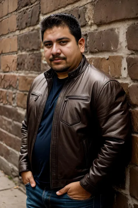 RicardoNinguen wearing a motorcycle jacket leaning against a brick wall, sly expression, evening<lora:RicardoNinguenLora:1>