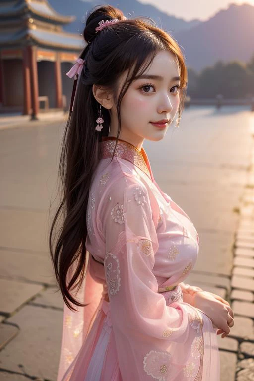 (((masterpiece))), (((best quality))), (((half body photo))), (((closeup))), solo, 1girl, smile, brown longhair, ribbon, (((pink see through complex pattern chiffon hanfu))), (((big tits))), (((petite figure))), (((ancient china palace))), ((sunset)),