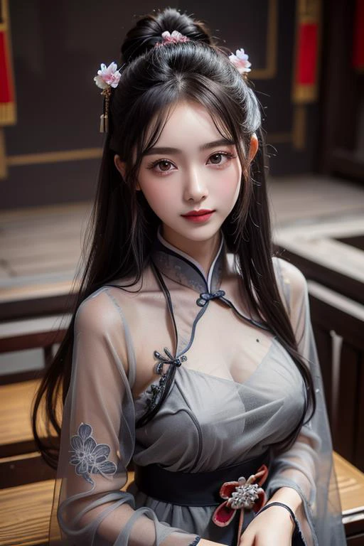 (((masterpiece))), (((best quality))), (((half body photo))), (((closeup))), solo, 1girl, smile, longhair, ribbon, ((dark gray see through complex pattern chiffon hanfu))), (((big tits))), (((petite figure))), (((ancient china palace))), ((night lighting)),