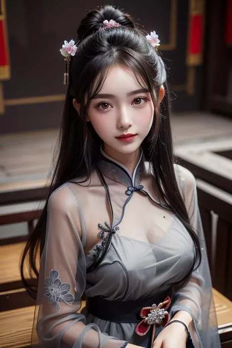 (((masterpiece))), (((best quality))), (((half body photo))), (((closeup))), solo, 1girl, smile, longhair, ribbon, ((dark gray see through complex pattern chiffon hanfu))), (((big tits))), (((petite figure))),  (((ancient china palace))), ((night lighting)),