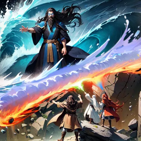 absurdres, ultra detailed, masterpiece, wizards fighting tide, ocean, giant wizard, blue robes, absurdly long hair, black hair, outstretched hand, <lora:T2:1> glowing blue eyes, angry, ocean bending around body, crashing waves, BREAK, elemental clash, earthen wall, many small rocks, large rocks, levitating rocks, fire stream, wind magic, clouds, steam, evaporation, BREAK, wizard brown robes, long brown hair, arms outward, from behind, wizard white robes, from behind, long white hair, white beard, fingers pointed, wizard red robes, from behind, long red hair, fingers pointed, standing on cliff edge,  <lora:broken rocks:0.5> mdjrny-shttr