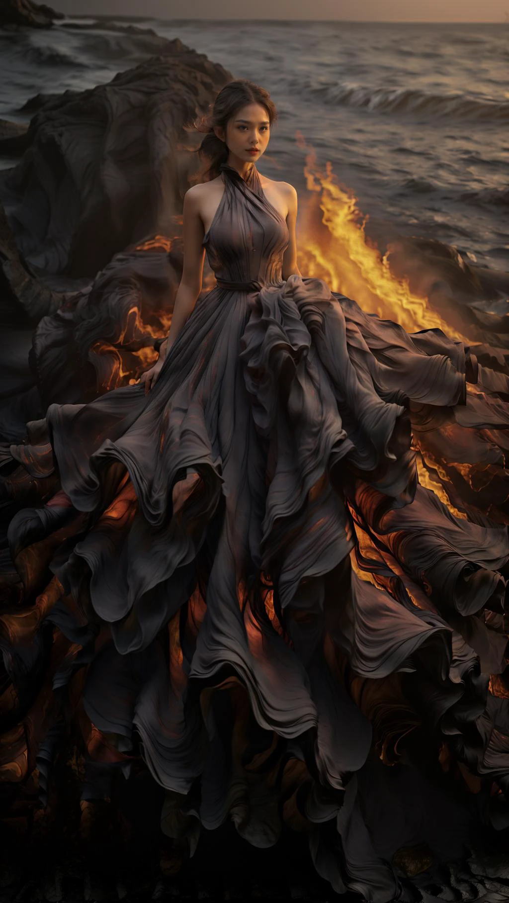 (8k, RAW photo, best quality,masterpiece:1.2),(realistic, photo-realistic:1.37),
1girl,long legs, full body,lava dress,simple background,ocean,
<lora:lavadress2:1.2> <lora:dressart_SDLife_Chiasedamme_v1.0:0.6>