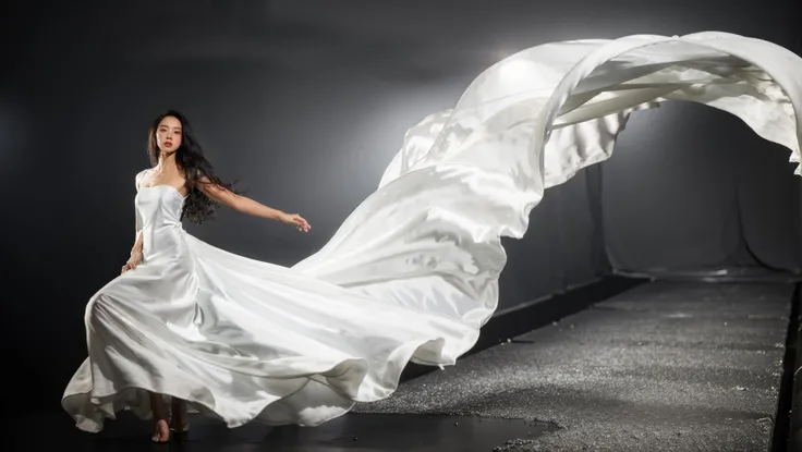 dressart, white dress, floating hair, (floating dress:1.4), (photo art), 1girl, Stunningly Beautiful Girl, Haute_Couture, designer dress, wearing Haute_Couture, posing for a picture, fashion show, Long shaped face, angry, crazy, dark red eyes, Sandy Blonde side-swept hair, short hair, long ringlets, catwalk \(walkway\), , colorful, vivid colors, masterpiece, best quality, absurdres, highest quality, amazing details, 8k, aesthetic, <lora:dressart_SDLife_Chiasedamme_v1.0:0.88>