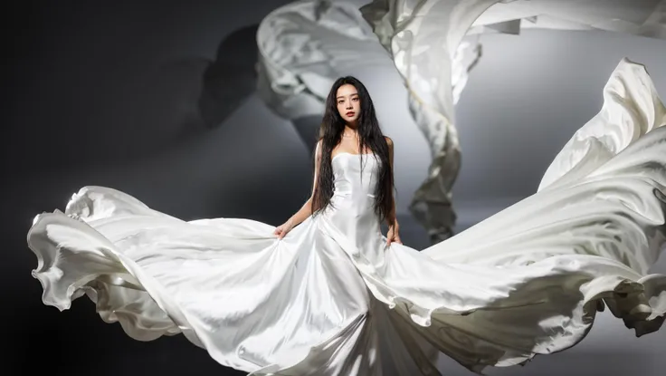 dressart, white dress, floating hair, (floating dress:1.4), (photo art), 1girl, Stunningly Beautiful Girl, Haute_Couture, designer dress, wearing Haute_Couture, posing for a picture, fashion show, Long shaped face, angry, crazy, dark red eyes, Sandy Blonde side-swept hair, short hair, long ringlets, catwalk \(walkway\), , colorful, vivid colors, masterpiece, best quality, absurdres, highest quality, amazing details, 8k, aesthetic, <lora:dressart_SDLife_Chiasedamme_v1.0:0.88>