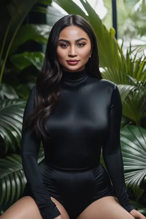 ((photorealistic)), (masterpiece), (best quality) 1woman, pov of arieltatum, wear black jumpsuit, long sleeve jumpsuit, turtleneck, (enchanting sexyness), beautiful face, sitting, messy hair, octane render 8k, ray-tracing, dramatic lighting, enrich decorations, tropical forest, <lora:isnot.arieltatum:0.8>, seductive look, best composition, profesional color graded, realistic skin detail, re-touched  <lora:more_details:0.2>, <lora:epiNoiseoffset2.Vkot:0.2>