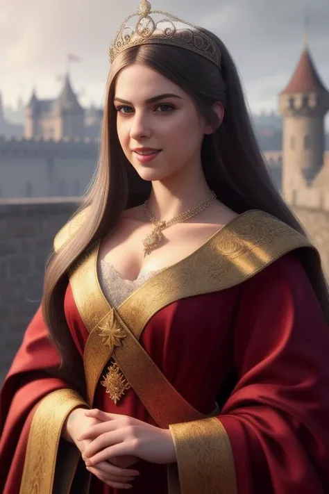 stellacox as a medieval princess stganding in front of a castle, princess robe, crown, masterpiece, best quality, highest quality, cinematic lighting, (volumetric lighting), extremely detailed CG unity 8k wallpaper, focused, 8k wallpaper, 4k wallpaper, extremely detailed, ultra realistic, photorealistic, sharp focus, absurdres, (HDR:1.2), (high contrast), photograph, detailed and intricate, instagram, portrait, highly detailed, digital painting, artstation, concept art, smooth, sharp focus, illustration, cinematic lighting, Style-Princess,