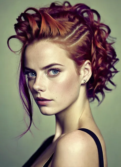 portrait of sks woman by Flora Borsi, style by Flora Borsi, bold, bright colours, rainbow Mohawk haircut, ((Flora Borsi)), <lora:locon_kaya_v1_from_v1_64_32:1.25>