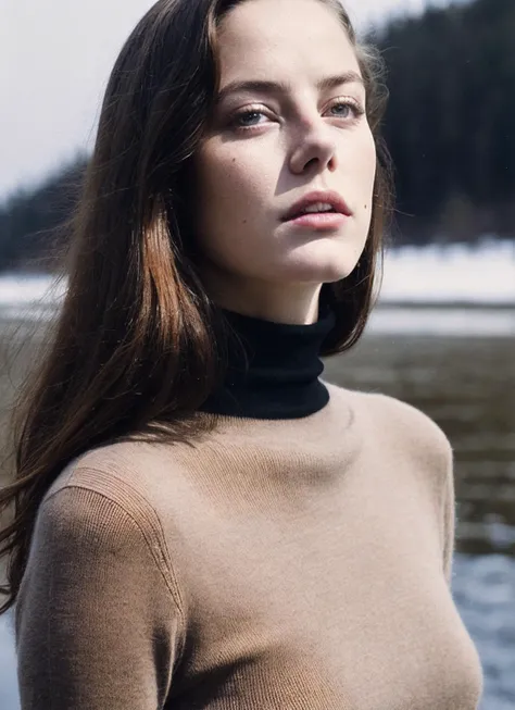 1girl, standing in the lake, long knit body suit, shimmering lake, lots of reflected light, slight smirk, perfect eyes, highly detailed beautiful expressive eyes, detailed eyes, 35mm photograph, film, bokeh, professional, 4k, highly detailed dynamic lighting, photorealistic, 8k, raw, rich, intricate details, key visual, vivid colors
