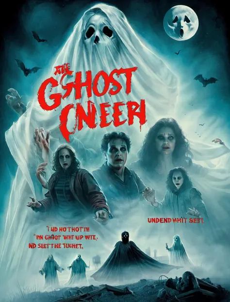 Horror-themed 80s-inspired horror movie poster, emphasizing the iconic cyan adn red palette of that era's cinema. Incorporate atmospheric elements such as the moon, fog, and mist to set the mood. Feature ((ghost under whit sheet:2)), Use retro fonts for a fictional movie title, and complement it with taglines or quotes that evoke '80s horror
, <lora:80s_horror_poster_style-000009:1>, (masterpiece, best quality),ultra-detailed,add-detail-xl, DetailedEyes_V3, . Eerie, unsettling, dark, spooky, suspenseful, grim, highly detailed