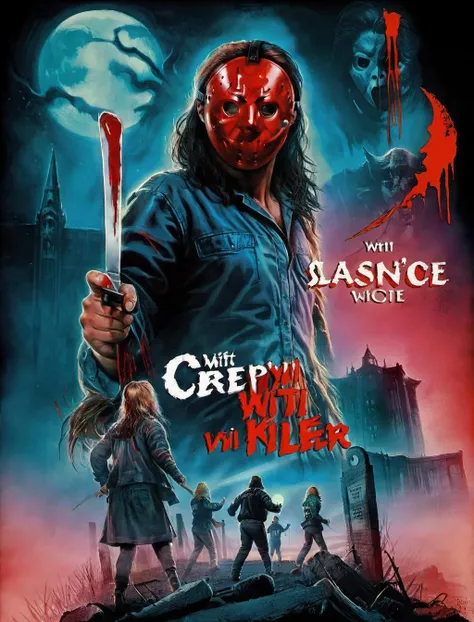 Horror-themed 80s-inspired horror movie poster, emphasizing the iconic cyan adn red palette of that era's cinema. Incorporate atmospheric elements such as the moon, fog, and mist to set the mood. Feature ((creepy slasher killer with mask:2)), Use retro fonts for a fictional movie title, and complement it with taglines or quotes that evoke '80s horror
, <lora:80s_horror_poster_style-000009:1>, (masterpiece, best quality),ultra-detailed,add-detail-xl, DetailedEyes_V3, . Eerie, unsettling, dark, spooky, suspenseful, grim, highly detailed