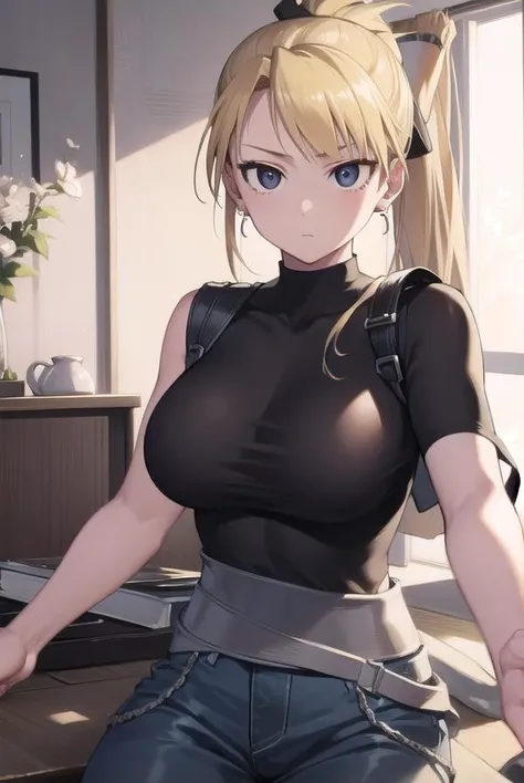 detail face, scowl, clenching teeth, ((close one eye)), sweat, volleyball uniform, large breast,
