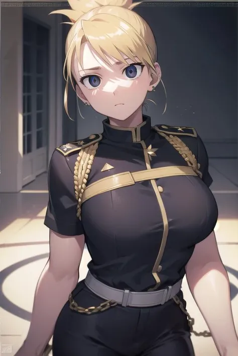 hands at sides, two hands down, hands down, masterpiece, best quality, upper body, uniform, without sleeves,Shushu Suruga, 1girl, yellow hair, green eyes, looking at viewer, short hair, large breasts, hairband, bangs, full body, standing