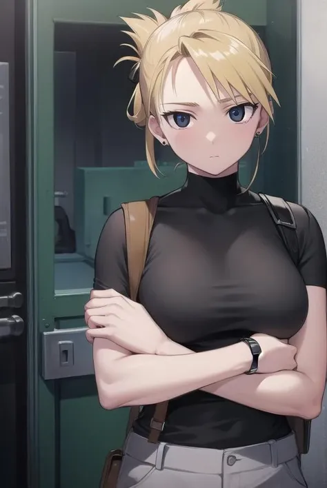rizahawkeye, <lora:rizahawkeye-lora-nochekaiser:1>,
riza hawkeye, blonde hair, (black eyes:1.5), folded ponytail,
BREAK shirt, short sleeves, earrings, pants, uniform, military, black shirt, military uniform, blue pants,
BREAK looking at viewer, full body,
BREAK indoors,
BREAK <lyco:GoodHands-beta2:1>, (masterpiece:1.2), best quality, high resolution, unity 8k wallpaper, (illustration:0.8), (beautiful detailed eyes:1.6), extremely detailed face, perfect lighting, extremely detailed CG, (perfect hands, perfect anatomy),