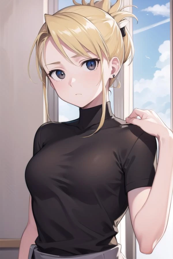 rizahawkeye, <lora:rizahawkeye-lora-nochekaiser:1>,
riza hawkeye, blonde hair, (black eyes:1.5), folded ponytail,
BREAK shirt, short sleeves, earrings, pants, uniform, military, black shirt, military uniform, blue pants,
BREAK looking at viewer, full body,
BREAK indoors,
BREAK <lyco:GoodHands-beta2:1>, (masterpiece:1.2), best quality, high resolution, unity 8k wallpaper, (illustration:0.8), (beautiful detailed eyes:1.6), extremely detailed face, perfect lighting, extremely detailed CG, (perfect hands, perfect anatomy),