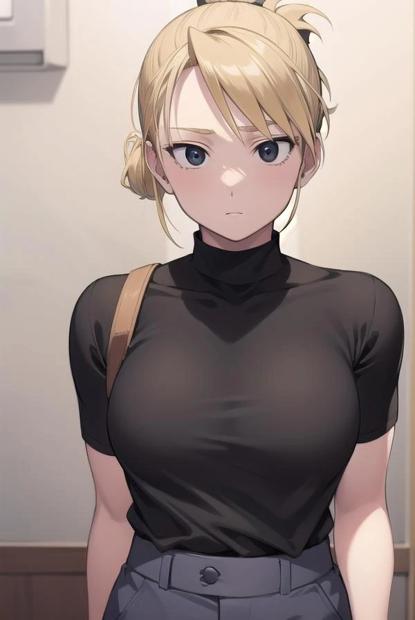masterpiece, highest quality, High resolution, 1 girl, Hamriz, ponytail, Brown eyes,big , Black Shirt, Tight shirt, Short sleeve, Blue pants,病院のTo the hospital診察を受ける、Upper body close-up、Muscular body、blush、Sweat、Composition from the front、anime、(((To the hospital、Embarrassed face、Turning away、Sitting on the bed、belly button、Stomach、Large areola、Nipples、Roll up your shirt to expose your chest、Big Breasts、her breasts are fully visible)))