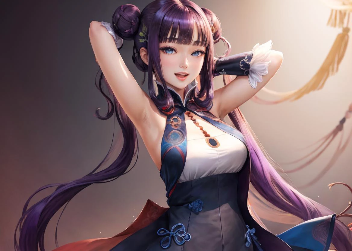 china dress, very long hair, cowboy shot, sidelocks, leaf hair ornament, blush, purple hair, short dress, arms up, large breasts, hair ornament, yang guifei \(fate\), blunt bangs, black dress, hair bun, double bun, arm behind head, armpits, :d, solo, twintails, blue eyes, presenting armpit, looking at viewer, breasts, simple background, bare shoulders, dress, white background, chinese clothes, long hair, open mouth, cleavage, thighs, 1girl, detached sleeves, smile <lora:fate_yangguifei-09:0.8> yangst2,