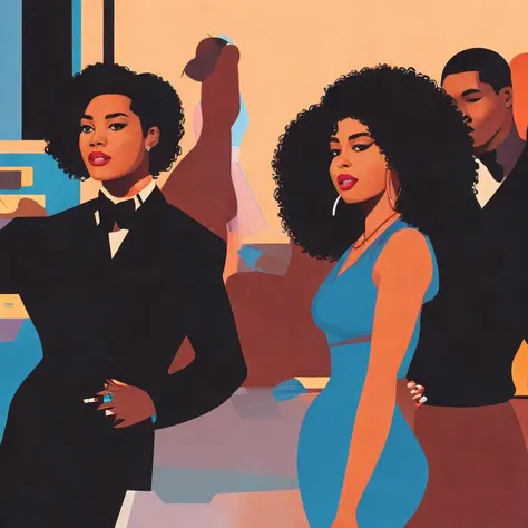 illustration in style of Austin Briggs, a black man and a black woman dressed in [posing | dancing] in a club,  4k,  <lora:kEighties_pruned:0.5>