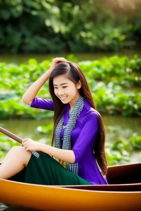 a photograph up-close body of a girl, 1girl, wears khanranbaba, black striped scarf, rowing canoe, lotus, beautiful face, gorgeous detailed faces, confident pose, confident, ,gorgeous costume, intricate, seductive, in front green flowered park, depth of field, professional photo, best quality, masterpiece, ultra high res, (photorealistic:1.4), looking at viewer, dark hair, dark eyes
