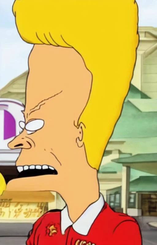 (upper body shot), Beavis, pompadour blonde, stupid dumbass, fast food uniform, <lora:add_detail:1>, <lora:Beavis_and_Butthead-000014:1>