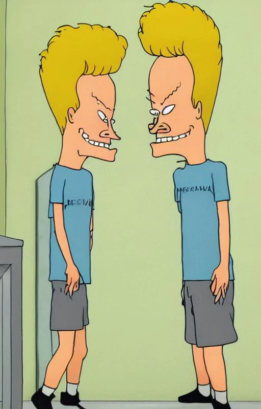 Beavis, blonde hair, smile, blue shirt, grey shorts, socks, shoes, (best quality), <lora:add_detail:1>, <lora:Beavis_and_Butthead-000014:1>