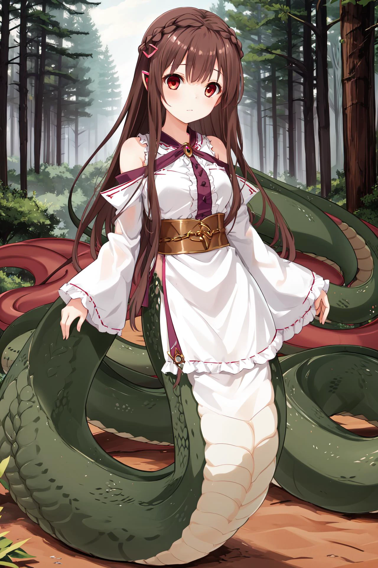 1girl, solo, brown hair, long hair, hair ornament, braid, hairclip, red eyes, <lora:izumi:0.5>,
<lora:LoCon_lamia_mermaid:1>,lamia,forest,