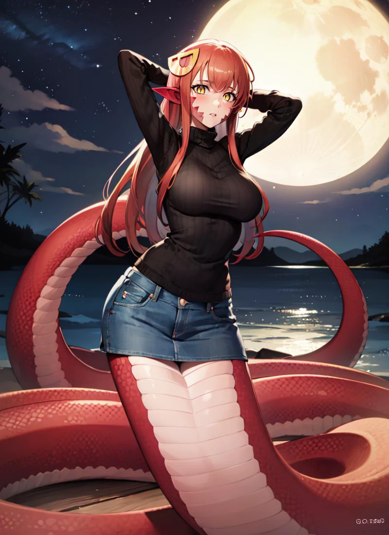 ((best quality)), ((highly detailed)), extremely detailed face, beautiful face, , (1girl), (solo), stretching, <lora:Miia (Monster Musume):1>, miia, red hair, very long hair, hair ornament, yellow eyes, <lora:slit-pupils:1>, snake eyes, pointy ears, <lora:LoCon_lamia_mermaid:.7>, lamia, facial mark, large breasts, red sweater, ribbed sweater, turtleneck, sleeveless, denim skirt, pleated skirt, (outdoors, at an island, (((multiple girls))), night, night sky, stars, full moon, shooting star, telescope, clear weather)