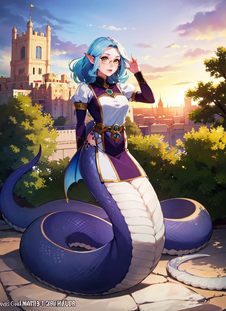 ((best quality)), ((highly detailed)), detailed face, beautiful face, , (1girl), (glasses), fisheye lense, dynamic pose, upper body, <lora:aiomonstergirls_loraLocon:.5>, <lora:LoCon_lamia_mermaid:1>, (lamia), scales, tail, merged at waist, standing, (light blue hair, light blue scales), yellow eyes, <lora:slit-pupils:1>, snake eyes, pointy ears, (outdoors, at a palace, dawn, clear weather)