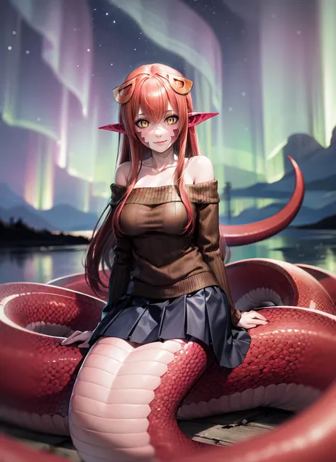 ((best quality)), ((highly detailed)), detailed face, beautiful face, , <lora:more_details:.2>, (1girl), (solo), on one knee, <lora:hairdetailer:.8>, <lora:Miia (Monster Musume):1>, miia, red hair, very long hair, hair ornament, yellow eyes, <lora:slit-pupils:1>, snake eyes, pointy ears, <lora:LoCon_lamia_mermaid:.6>, lamia, facial mark, large breasts, smiling, (red sweater), ribbed sweater, off shoulder, collarbone, long sleeves, blue skirt, pleated skirt, (outside, on the tundra, aurora, evening, night sky, stars, half moon)