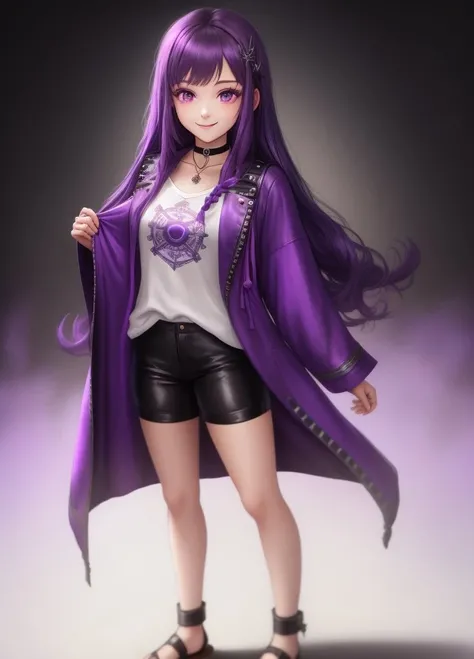 <lora:Tia_Amulet:1.0>, Tia_Amulet, 1girl, (purple biker shorts), black background, braid, choker, closed mouth, full body, hair ornament, hairclip, long hair, long sleeves, looking at viewer, purple eyes, purple hair, sidelocks, sandals, white shirt, open robe, yellow robe, smile, solo, standing