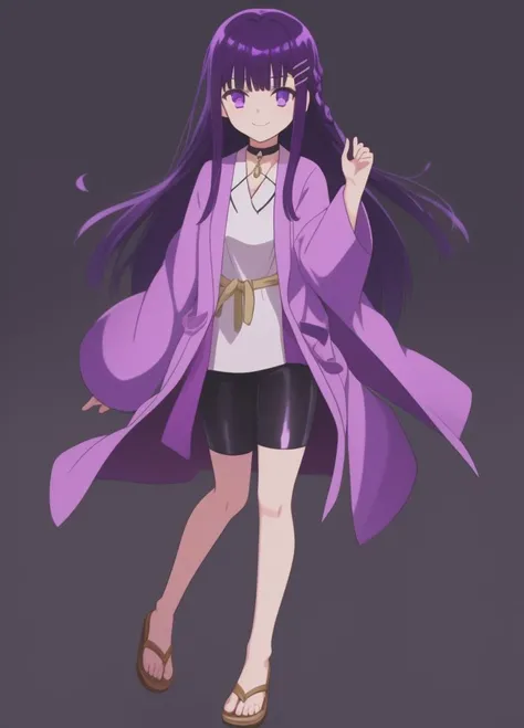 <lora:Tia_Amulet:1.0>, Tia_Amulet, 1girl, (purple biker shorts), black background, braid, choker, closed mouth, full body, hair ornament, hairclip, long hair, long sleeves, looking at viewer, purple eyes, purple hair, sidelocks, sandals, white shirt, open robe, yellow robe, smile, solo, standing