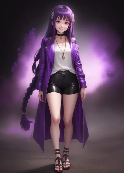 <lora:Tia_Amulet:1.0>, Tia_Amulet, 1girl, (purple biker shorts), black background, braid, choker, closed mouth, full body, hair ornament, hairclip, long hair, long sleeves, looking at viewer, purple eyes, purple hair, sidelocks, sandals, white shirt, open robe, yellow robe, smile, solo, standing