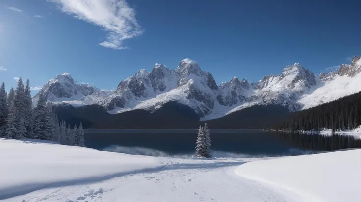 a snowy mountain range with a lake surrounded by trees and snow covered mountains in the background, with a blue sky, matte painting, a matte painting, photorealism, (masterpiece:1.2, best quality)