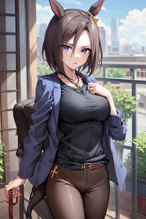 masterpiece, best quality, 
air groove \(umamusume\), 
blue jacket, black shirt, brown pants, neckless, brown belt,
cowboy shot,
 <lora:air_groove_lora:0.7>