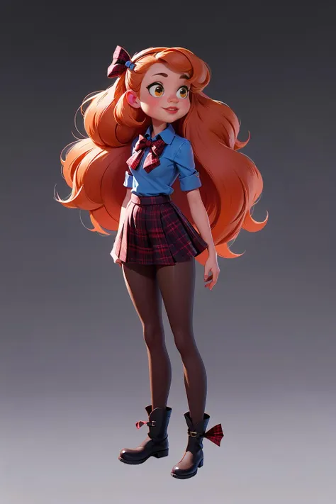 European and American cartoons, exaggerated body shape, original design, 1girl, solo, long hair, skirt, pantyhose, boots, plaid, orange hair, plaid skirt, hair bow, looking up<lora:ouka_V3:0.7>